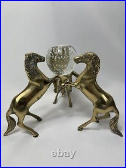Vintage Three Brass Horses Holding Glass Sphere MCM MID Century Modern Rare