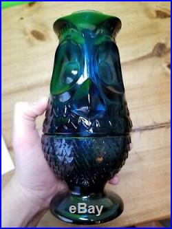Vintage Viking Glass Owl DARK BLUE Fairy Candle Tea Light Lamp Mid Century RARE