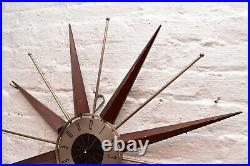 Vintage Wingard RARE Starburst Atomic Age MCM 27 Wood Metal Sunburst Wall Clock