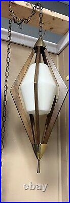 Vtg Hanging Lamp Teak Glass Mid Century Modern Atomic MCM Rare (See description)