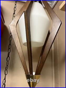 Vtg Hanging Lamp Teak Glass Mid Century Modern Atomic MCM Rare (See description)