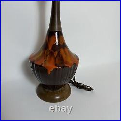 Vtg Mid Century Modern Ceramic Table Lamp Orange Drip Glaze Wood MCM Rare Atomic Vtg Mid Century Modern Ceramic Table Lamp Orange Drip Glaze Wood MCM Rare Atomic