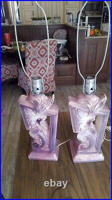 Vtg Mid Century Modern Purple Amethyst Glass Table Lamps 27 Rare Flower Set (2)