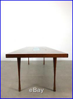 Vtg Walnut Enamel Inlaid Rectangular Coffee Table Rare Mid Century Danish Modern