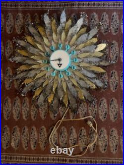 Working! RARE Spartus MCM Atomic Mid Century Metal Peacock Clock Starburst Sun