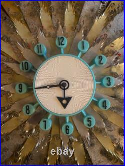 Working! RARE Spartus MCM Atomic Mid Century Metal Peacock Clock Starburst Sun